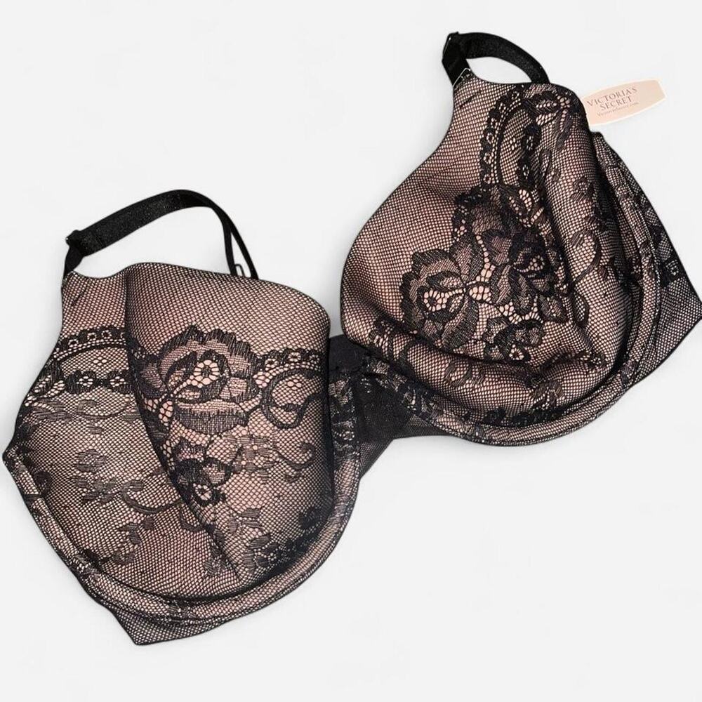 Victoria’s Secret Nude Black Mesh Lace Overlay Lined Demi Bra NWT - Size 36DDD